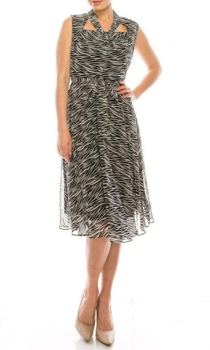 Maison Tara - 91087M Knee Length Cutout Ornate Zebra Print Dress Wedding Guest 0 / Ivory Black
