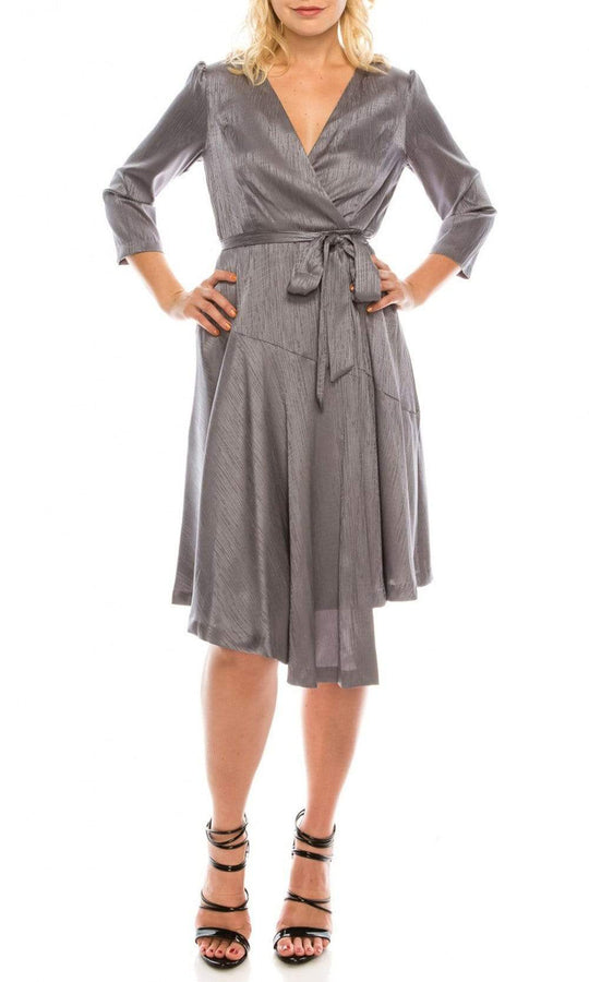 Maison Tara - 91143M Three Quarter Sleeve Twill Faux Wrap Dress