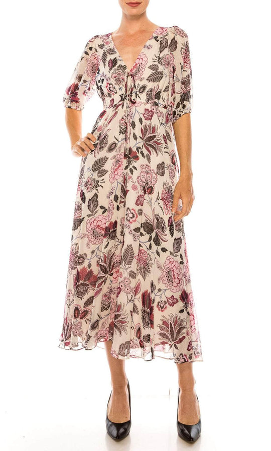 Maison Tara 91667M - Printed Long V Neck Dress