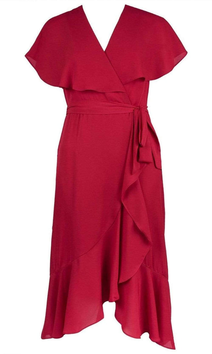 Maison Tara - 95071M Cape Sleeved Illusion Wrap Ruffle Dress Cocktail Dresses 0 / Crimson