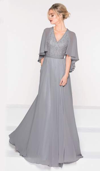 Marsoni by Colors - Asymmetrical Caped Sleeve Chiffon Gown M230 CCSALE 24 / Grey