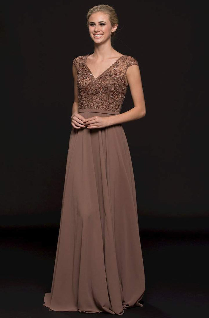 Marsoni by Colors - Embellished V-neck Chiffon A-line Dress M219 - 1 pc Dark Taupe In Size 10 Available CCSALE 10 / Dark Taupe