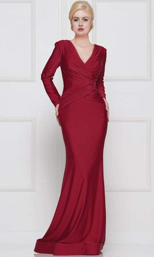 Marsoni by Colors - Long Sleeve V-neck Satin Trumpet Dress M257 CCSALE 4 / Berry