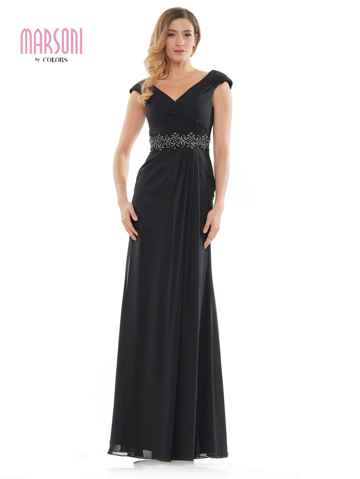 Marsoni by Colors - M169 Ruched Wrap Cap Sleeve Gown Special Occasion Dress 6 / Black
