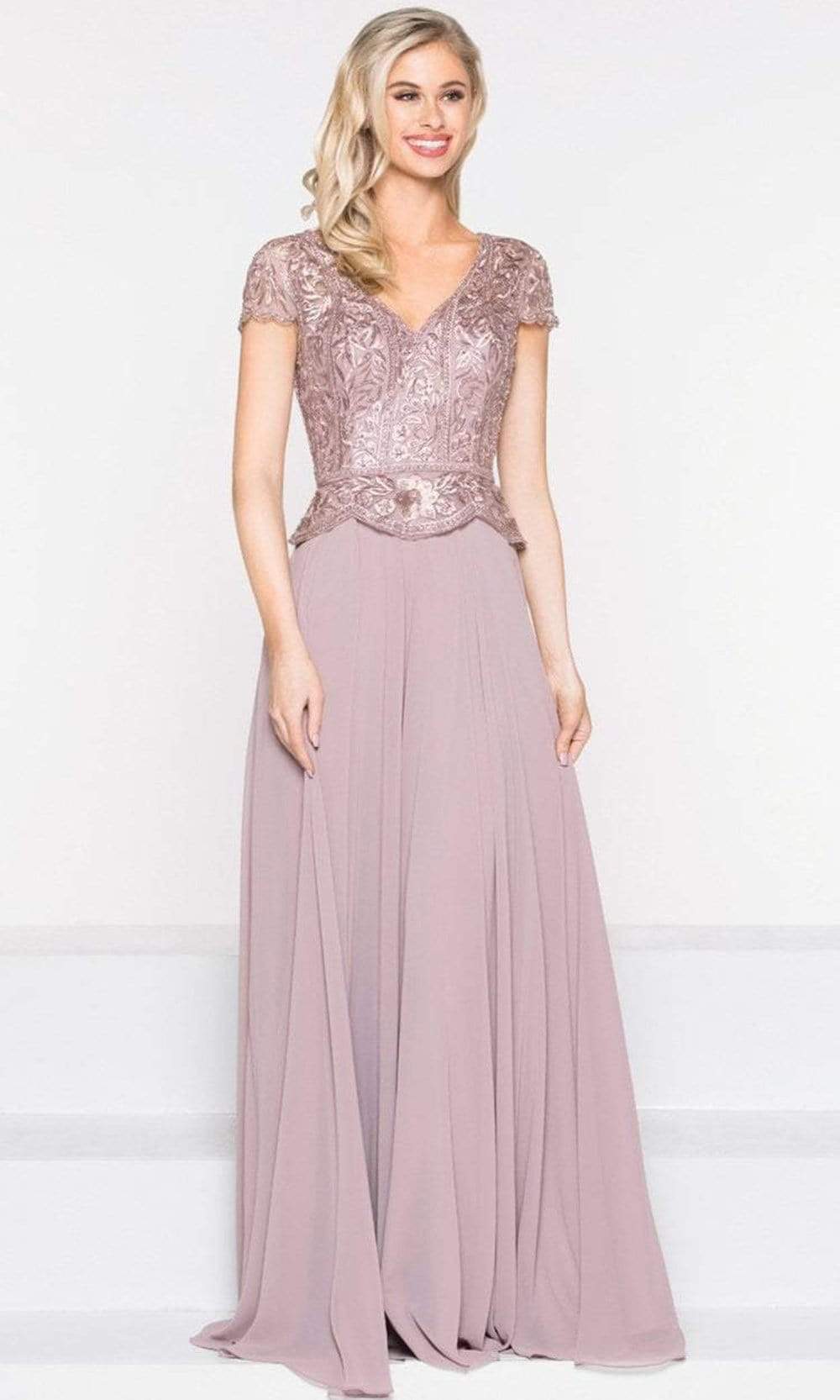 Marsoni by Colors - M243 Short Sleeve Embroidered Peplum Chiffon Gown ...