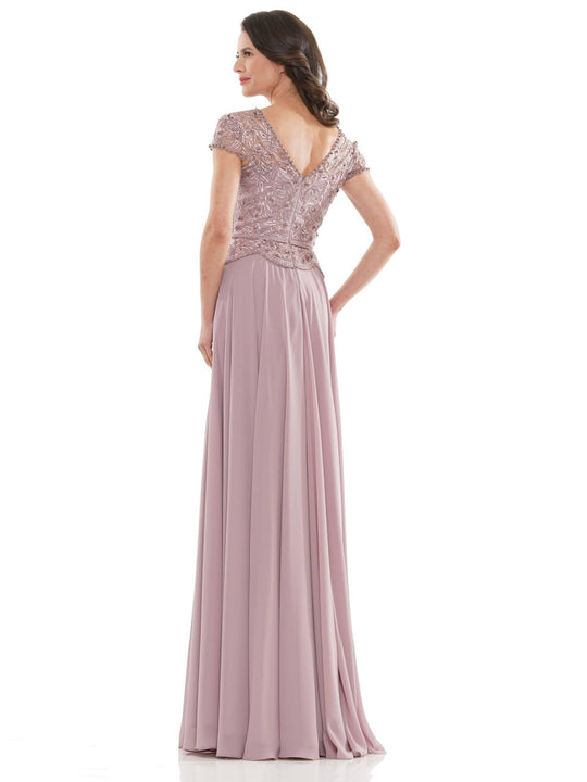 Marsoni by Colors - M243 Short Sleeve Embroidered Peplum Chiffon Gown