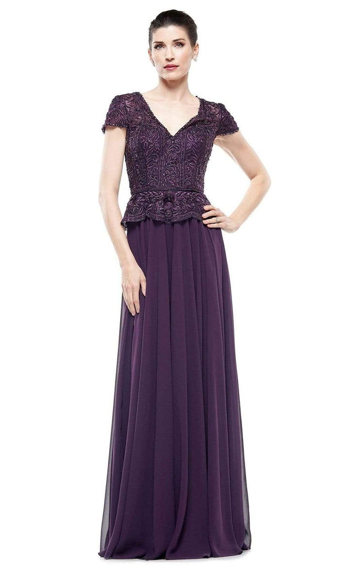 Marsoni by Colors - M243 Short Sleeve Embroidered Peplum Chiffon Gown Special Occasion Dress 4 / Eggplant