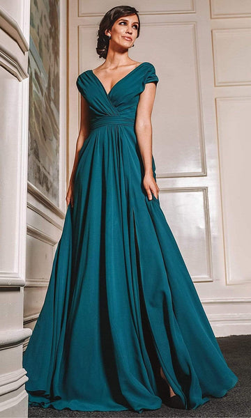 green emerald velvet dress V-Neckline Satin A-line Bridesmaids or Evening Dress 7472 – Sparkly Gowns main image 0