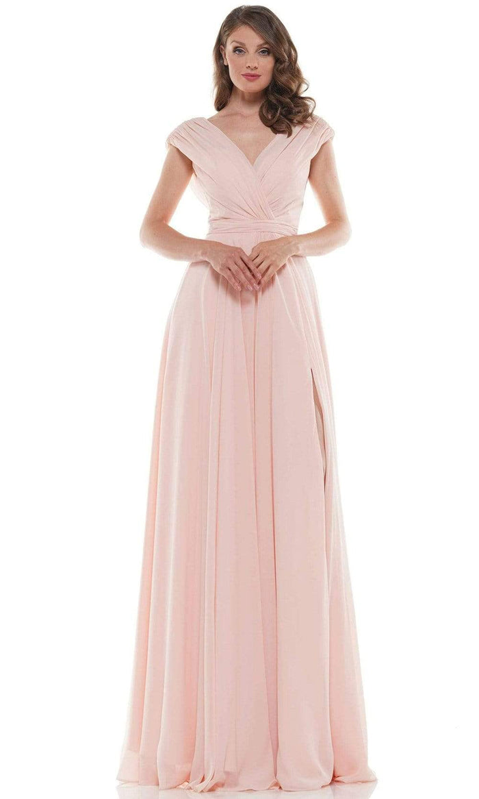 Marsoni By Colors - M251 Gathered V Neck Off Shoulder A-Line Gown Mother of the Bride Dresses 4 / Blush