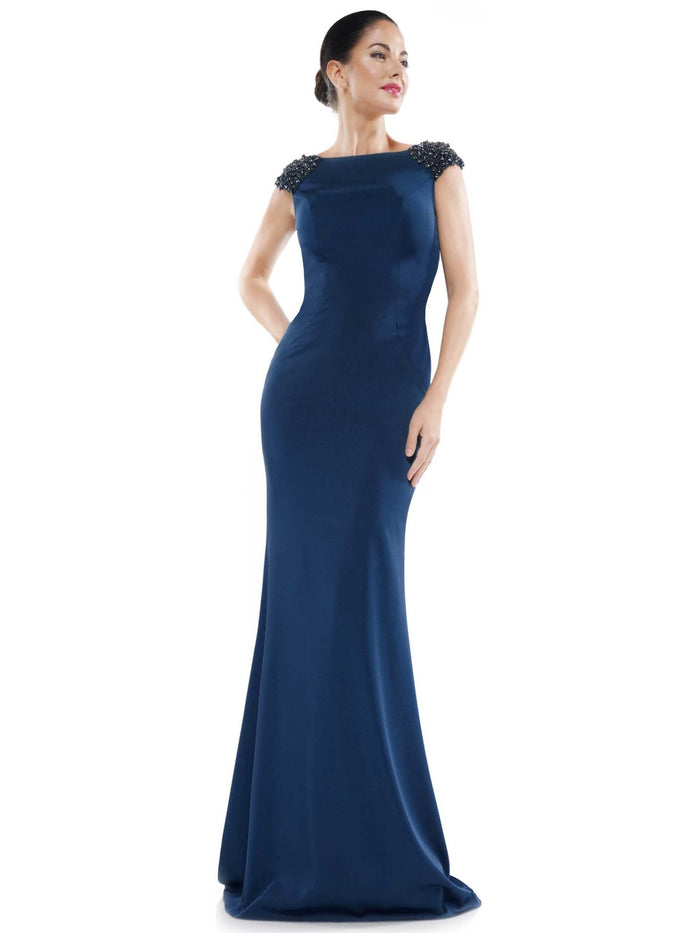 Marsoni by Colors - MV1023 Beaded Cowl Back Trumpet Gown - 1 pc Navy In Size 18 Available CCSALE 18 / Navy