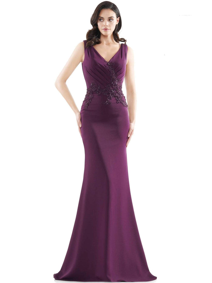 Marsoni by Colors - MV1054 Embroidered V-neck Trumpet Dress Mother of the Bride Dresses 4 / Eggplant