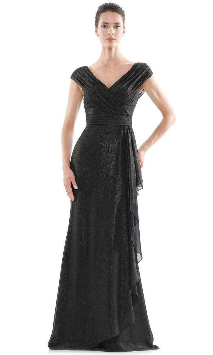 Marsoni by Colors - MV1073 Ruched V Neck Foil Chiffon Column Gown Mother of the Bride Dresses 4 / Black