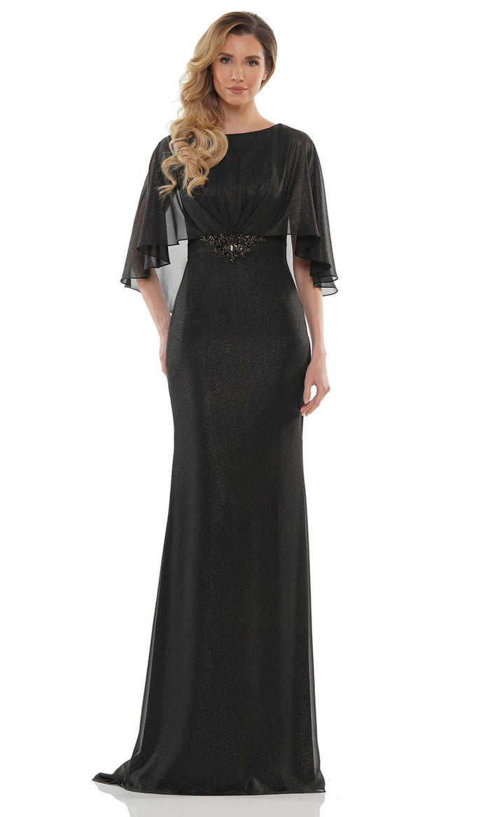 Marsoni by Colors - MV1130 Glittered Fabric Poncho Sheath Gown Mother of the Bride Dresses 4 / Black