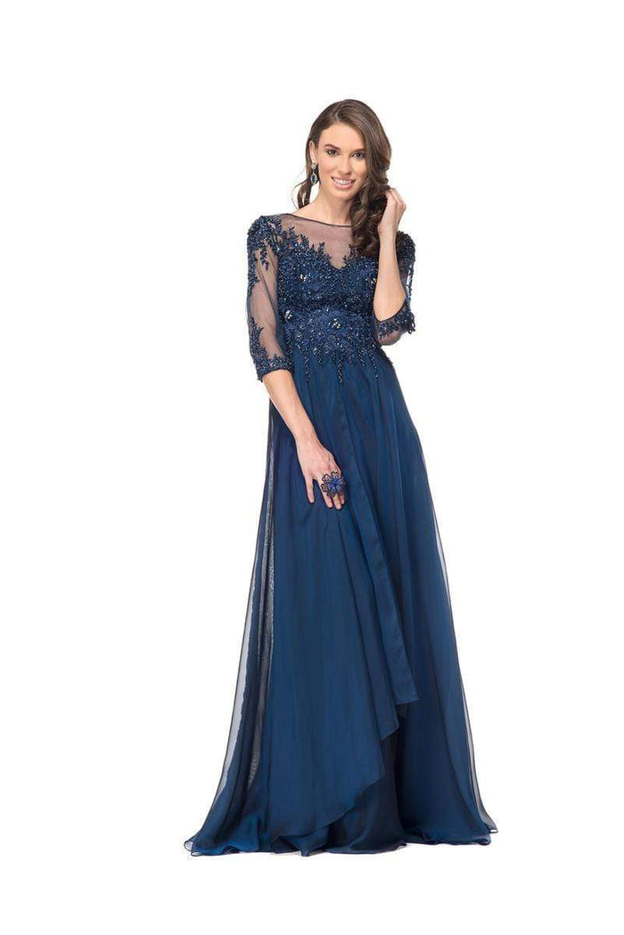 Marsoni by Colors Quarter Sleeve Illusion Bateau Beaded Lace Gown CCSALE 8 / Navy