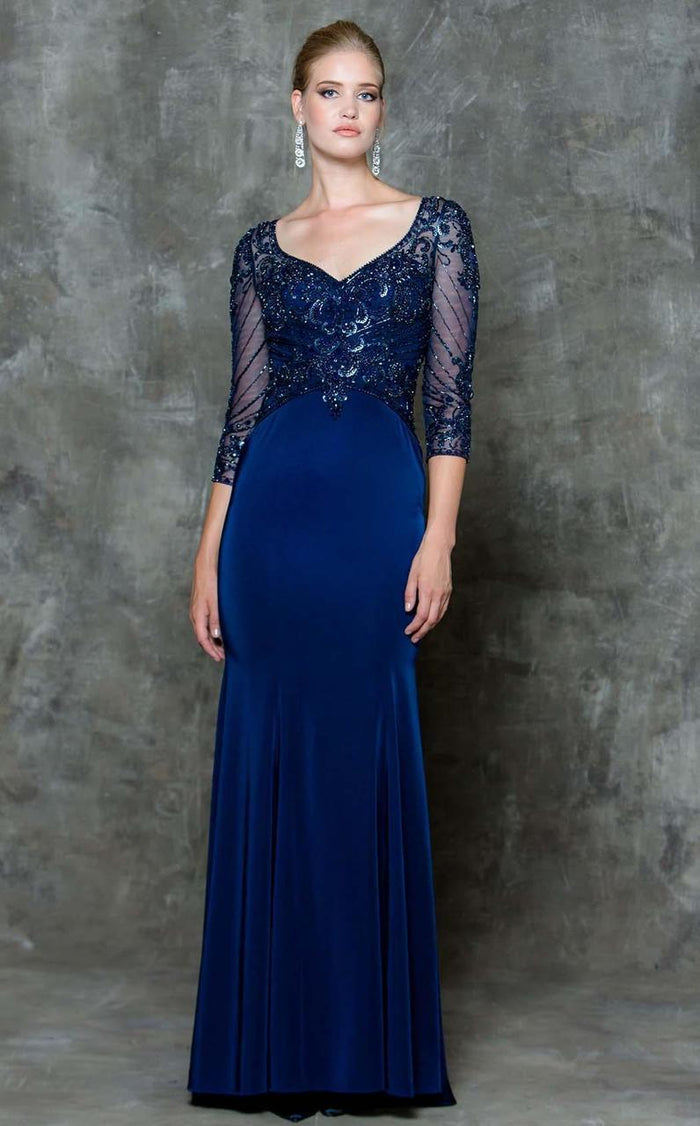 Marsoni by Colors Refined V-Neck Illusion Gown M175 CCSALE 6 / Navy