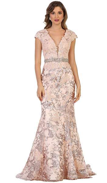 May Queen - Applique Deep V-neck Mermaid Mother of the Bride Gown RQ7610 CCSALE 6 / Blush