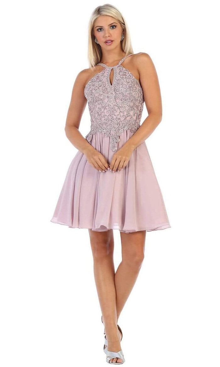 May Queen - Appliqued Keyhole Halter Cocktail Dress MQ1614 - 1 pc Blush In Size 4 and 1 pc Silver in Size 8 Available CCSALE 4 / Blush