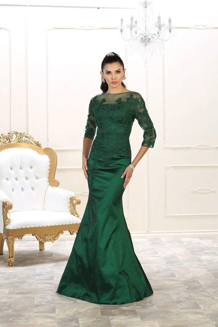 May Queen - Bateau Illusion Lace Trumpet Dress MQ1501 - 1 Pc Navy in Size 8 Available CCSALE 16 / Emerald Green
