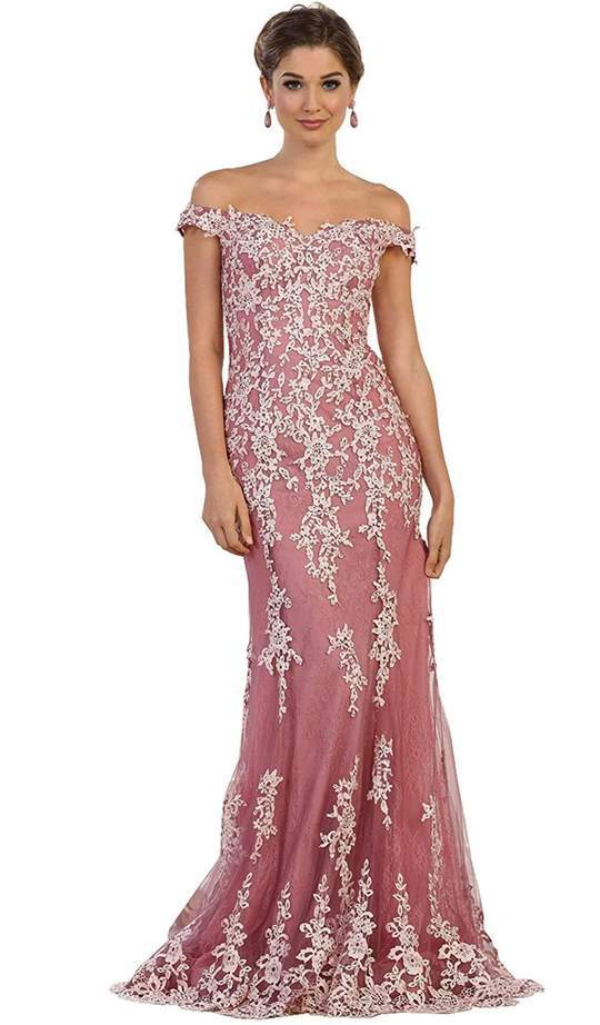 May Queen - Bead Embellished Off-Shoulder Sheath Dress RQ7593 - 1 pc Mauve In Size 10 Available CCSALE 10 / Mauve