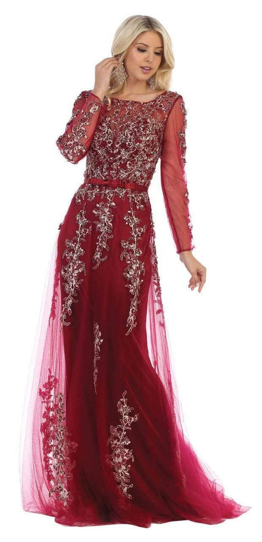 May Queen - Beaded Appliques Long Sleeves Evening Gown RQ7678 - 1 pc Burgundy in Size 2XL Available CCSALE XL / Burgundy