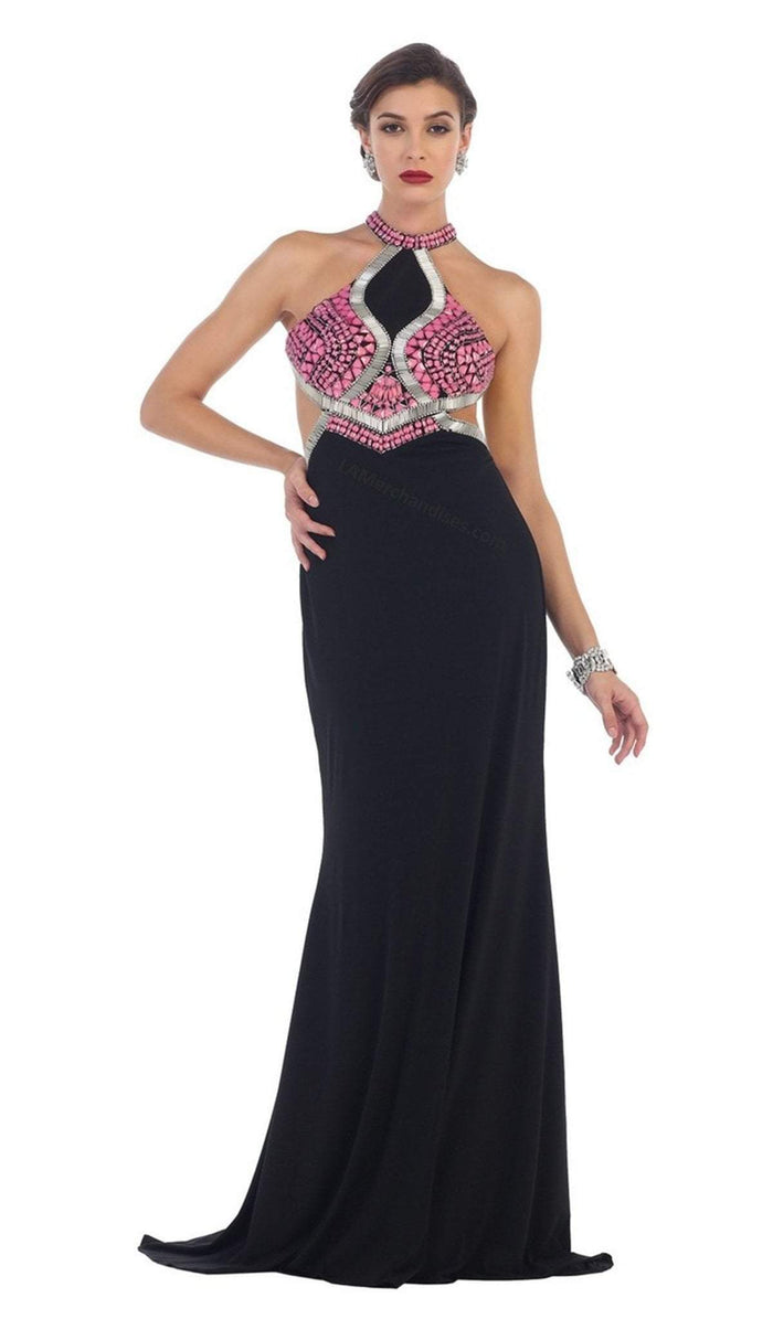 May Queen - Beaded Halter Sheath Evening Gown RQ7462 - 1 pc Blk/Fuch In Size 6 Available CCSALE 6 / Black/Fuchsia