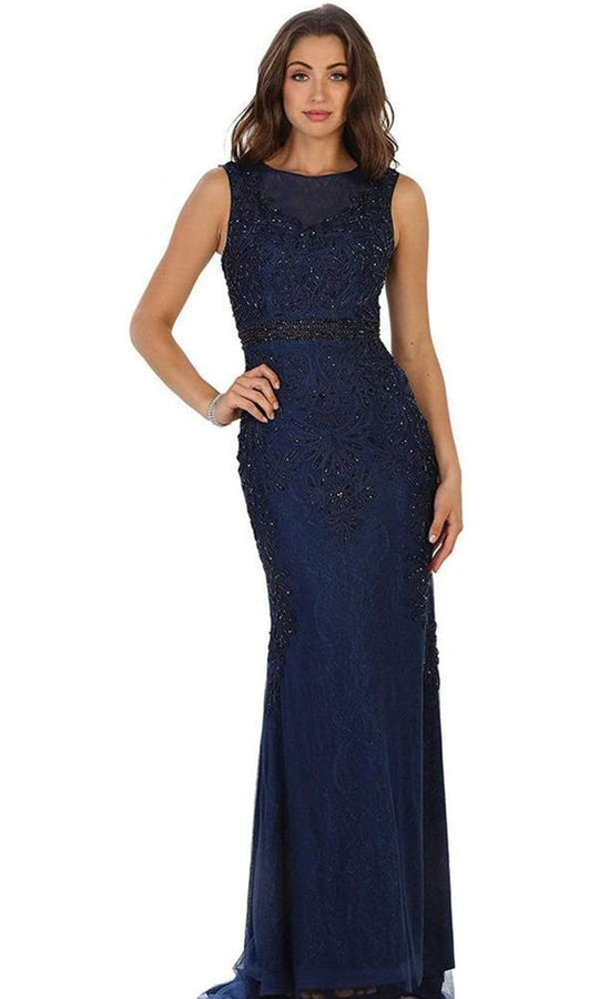 May Queen - Beaded Illusion Bateau Sheath Evening Gown RQ7524 - 1 Pc Mauve in Size 10 and 1 Pc Black in Size 14 Available CCSALE 14 / Navy