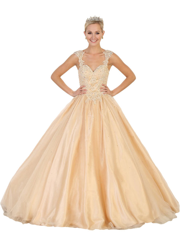 May Queen - Beaded Lace Plunging Sweetheart Quinceanera Ballgown Special Occasion Dress 4 / Champagne