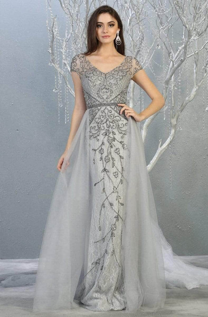 May Queen - Beaded V-Neck Overskirt Prom Gown RQ7833 - 1 pc Silver In Size 6 Available CCSALE 6 / Silver