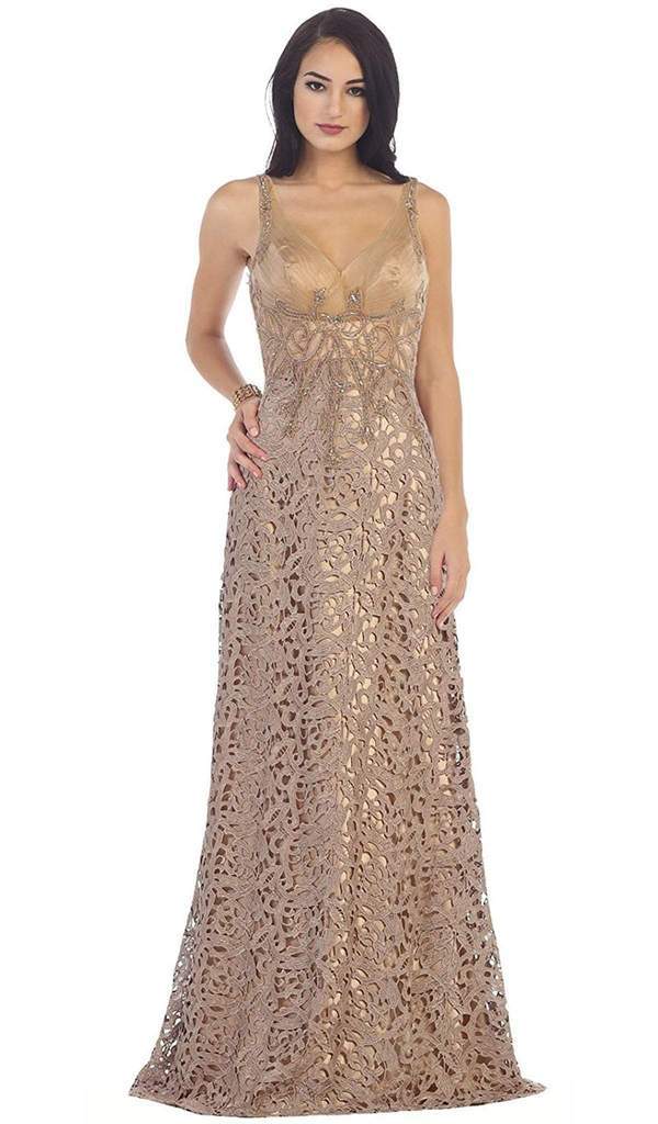 May Queen - Bedazzled V-Neck Sheath Evening Gown RQ7470 - 1 pc Mocha In Size 18 Available CCSALE 18 / Mocha