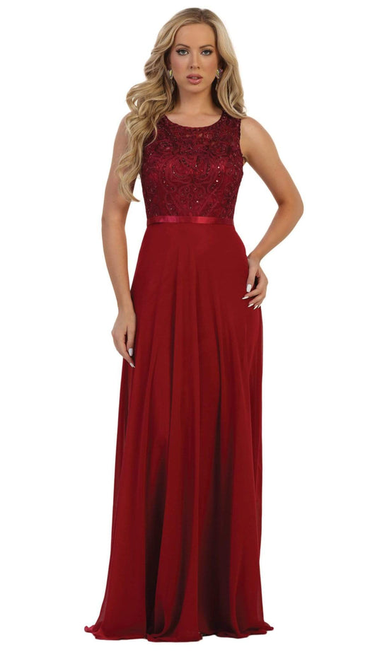 May Queen Bridal - MQ1519 Cap Sleeve Soutache Adorned A-Line Bridal Gown Bridesmaid Dresses 4 / Burgundy