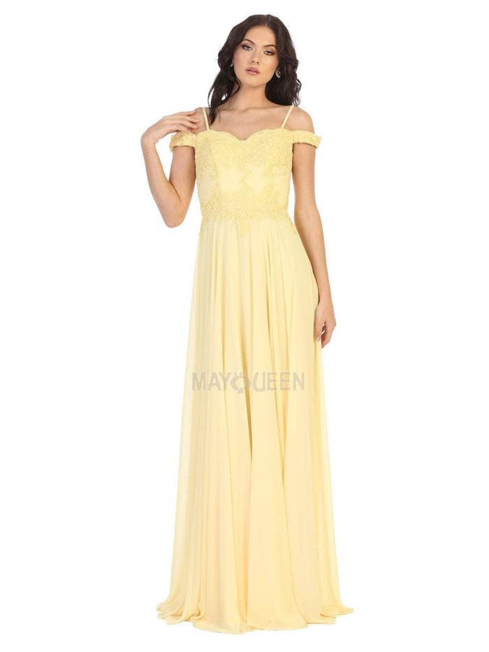 May Queen Bridal - MQ1644 Lace Ornate Off-Shoulder Chiffon Long Dress Prom Dresses 2 / Yellow