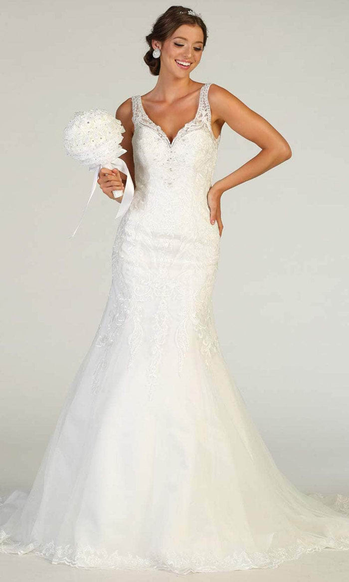 May Queen Bridal RQ7798 - Brocade V Neck Bridal Dress Bridal Dresses 4 / Ivory