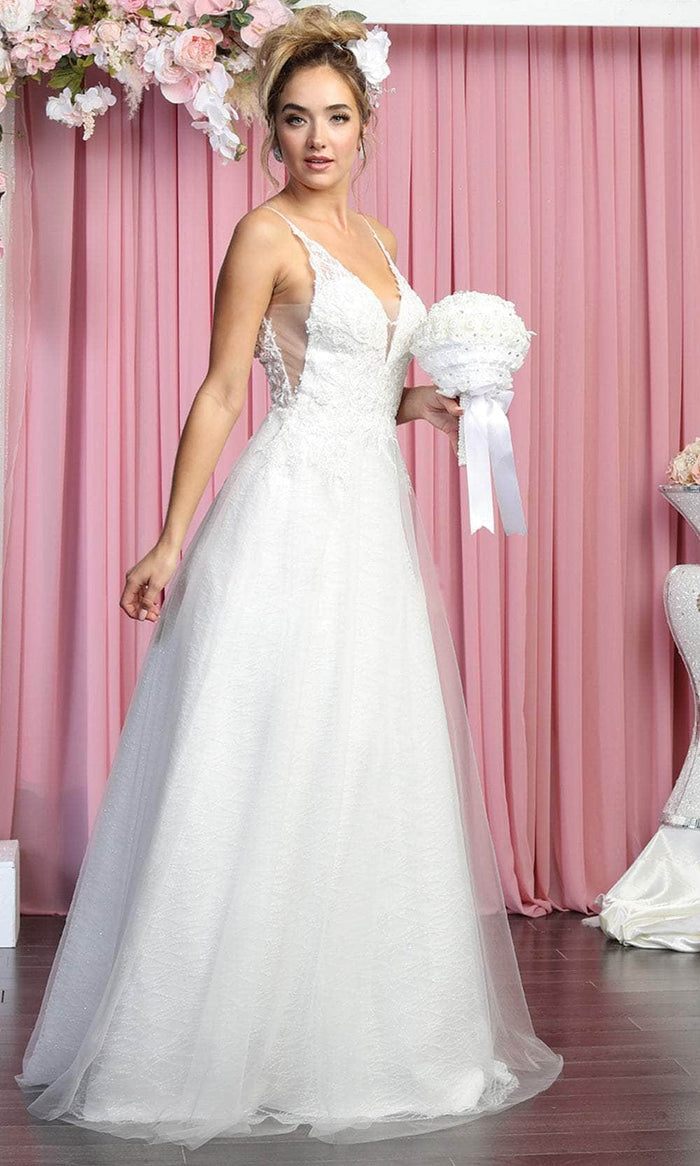 May Queen Bridal RQ7886 - Thin Strap Embroidered Tulle Gown Bridal Dresses 4 / Ivory