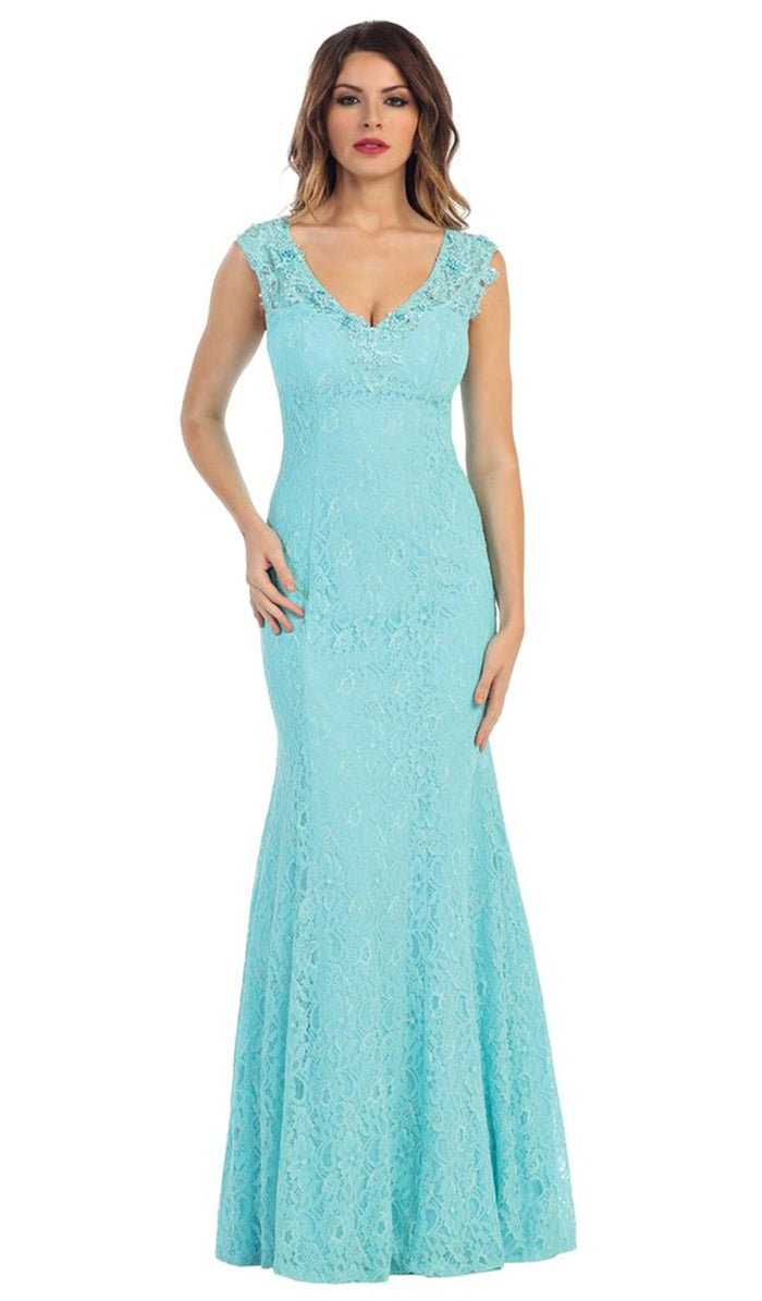 May Queen Cap Sleeve Lace V-Neck Trumpet Dress MQ-1217 - 1 pc Red In Size 18 Available CCSALE 10 / Aqua