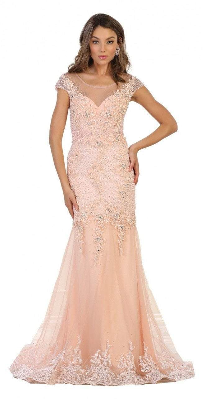 May Queen - Cap Sleeve Rhinestone Embellished Evening Gown RQ7521 - 1 pc Ivory in Size 18 Available CCSALE 6 / Dusty Rose