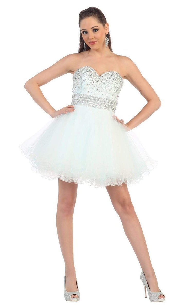 May Queen - Crystal Embellished Strapless A-Line Cocktail Dress Special Occasion Dress 4 / White/Aqua