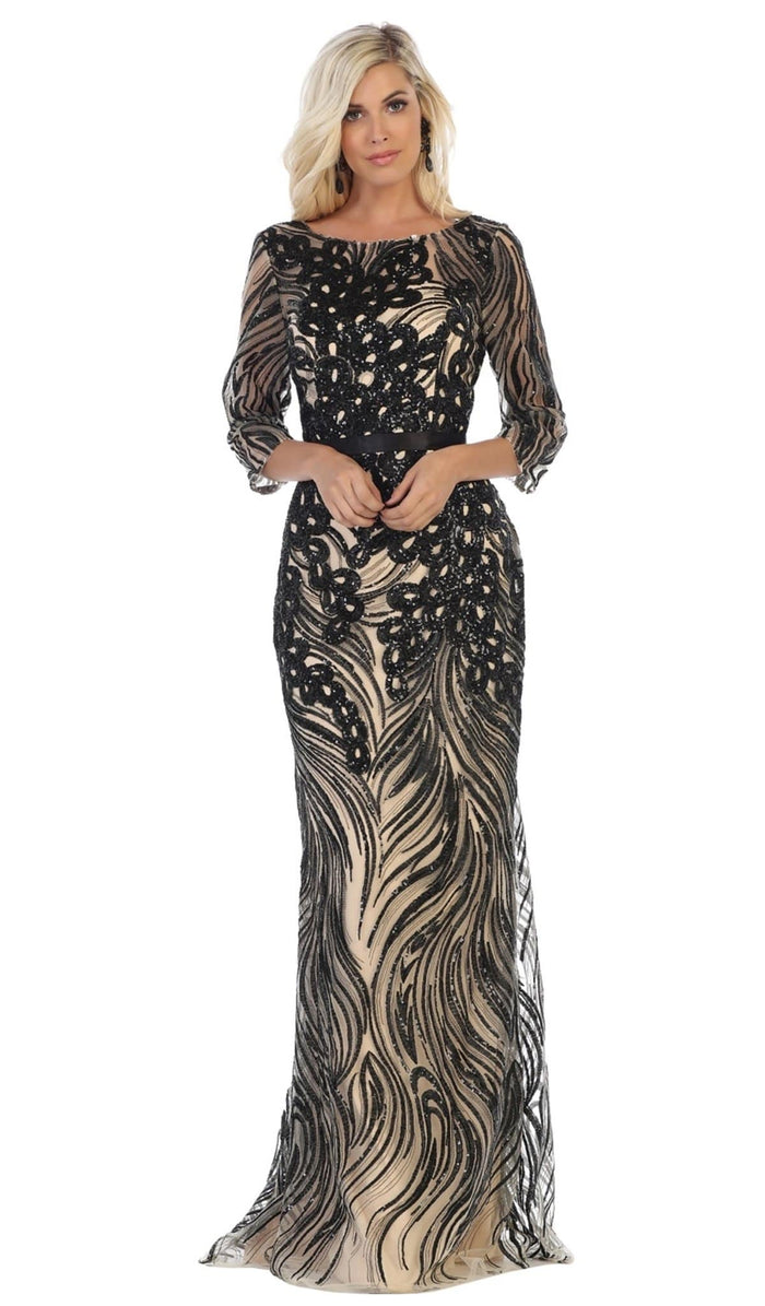 May Queen - Embellished Bateau Sheath Evening Dress RQ7686 - 1 pc Silver/Multi in Size 3XL Available CCSALE L / Black/Nude