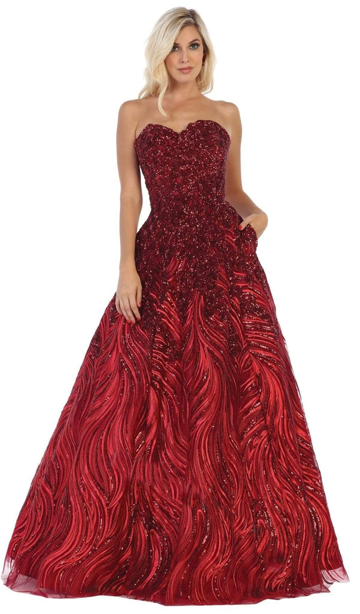 May Queen - Embellished Strapless Ballgown RQ7728 - 1 pc Burgundy In Size 8 Available CCSALE 8 / Burgundy