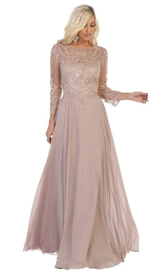 May Queen - Embroidered Bateau Long Sleeve A-line Gown MQ1615 CCSALE XL / Mocha