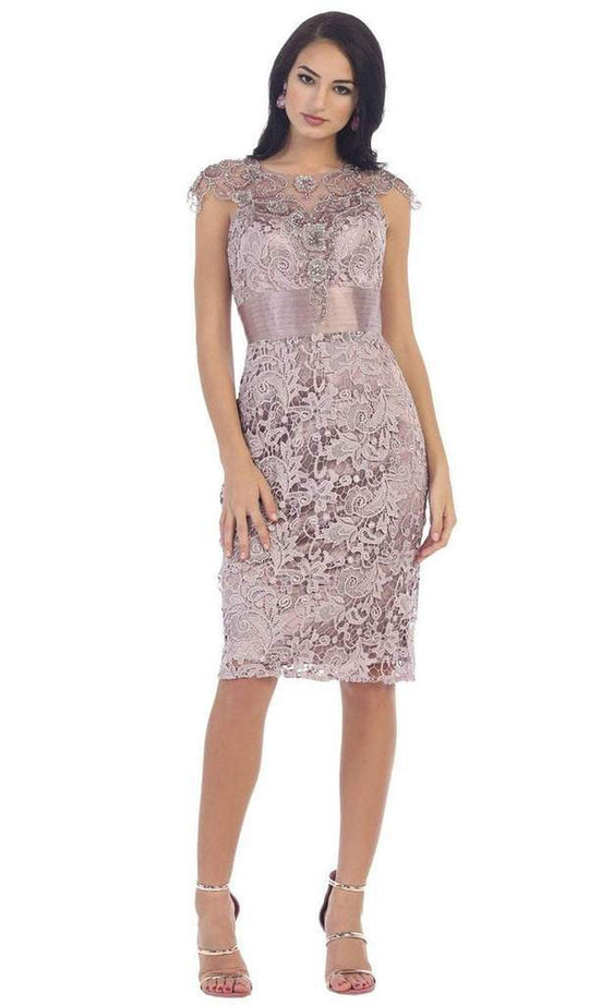 May Queen - Embroidered Illusion Jewel Sheath Dress RQ-7296 CCSALE 6 / Mauve