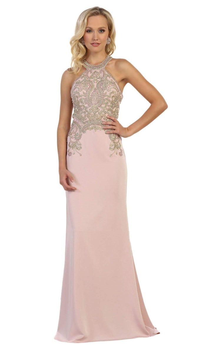 May Queen - Gilded Halter Neck Trumpet Dress MQ1538 - 1 pc Blush In Size 2 Available CCSALE 2 / Blush