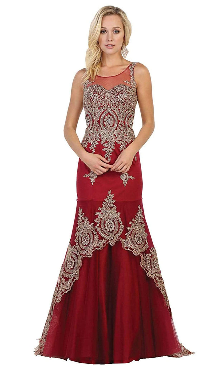 May Queen - Gilt Lace Illusion Scoop Trumpet Dress RQ7546 - 1 pc Burgundy In Size 12 Available CCSALE 12 / Burgundy