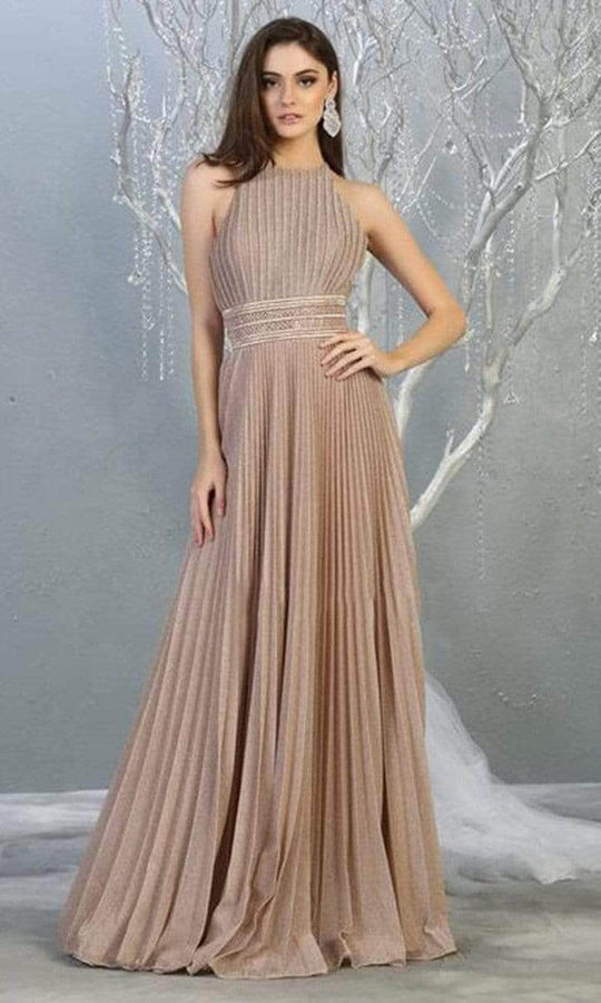 May Queen - High Halter Pleated Prom Dress RQ7856 - 1 pc Rosegold In Size 6 Available CCSALE 6 / Rosegold