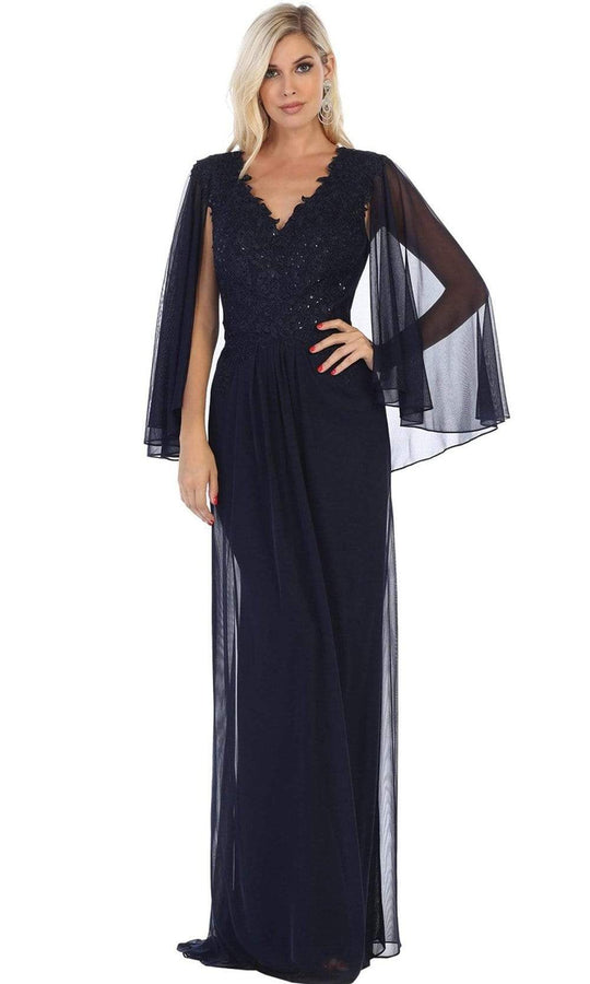 May Queen - Illusion Cape Sleeve Floral Appliques Dress MQ1612 - 1 pc Mauve in Size XL Available CCSALE XL / Navy