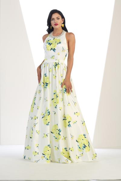 May Queen - Jewel Neck Floral Print Satin Evening Gown RQ7426 CCSALE 8 / Yellow/Multi