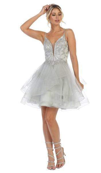 May Queen - Jeweled Corset Back A-Line Dress RQ7719 - 1 pc Silver In Size 16 Available CCSALE 16 / Silver