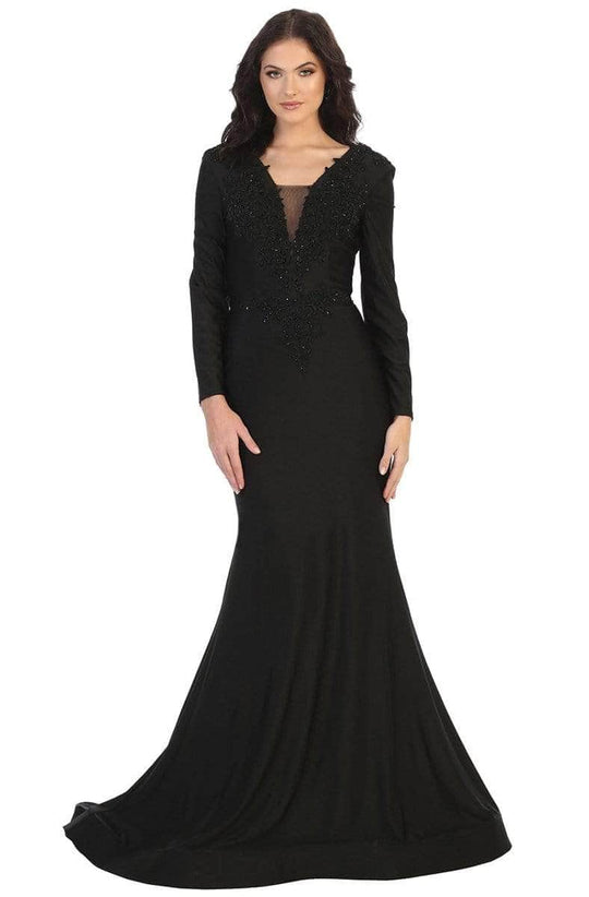 May Queen - Lace Adorned V-Neck Evening Dress MQ1772 Mother of the Bride Dresses 6 / Black