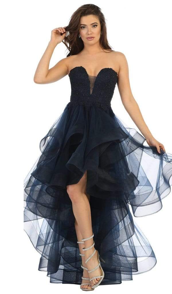 May Queen - Lace Appliqued Plunging Sweetheart High Low Dress RQ7716 - 1 pc Navy In Size 16 Available CCSALE 16 / Navy