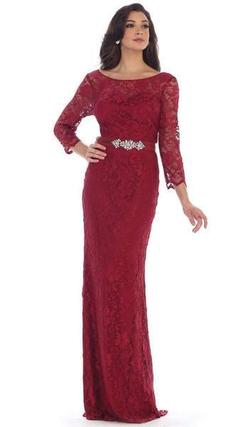 May Queen - Lace Illusion Bateau Sheath Mother of the Bride Dress MQ1454 CCSALE L / Burgundy