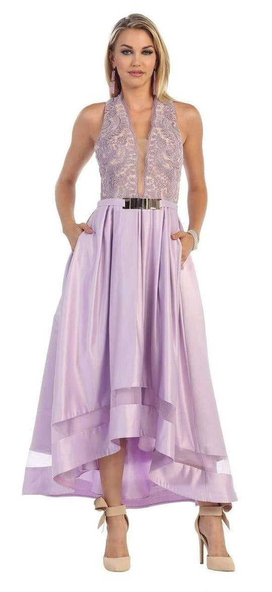 May Queen - Lace Plunging Halter High Low Evening Gown RQ7354 - 1 pc Lilac In Size 4 Available CCSALE 4 / Lilac